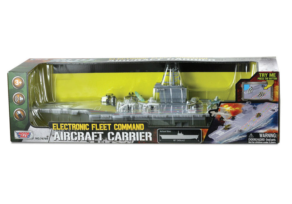 Durable Plastic 18 Inch Long Battle Zone Aircraft Carrier with 6 Die Cast Airplanes, featuring realistic Airplane Sounds by Motormax. InAir