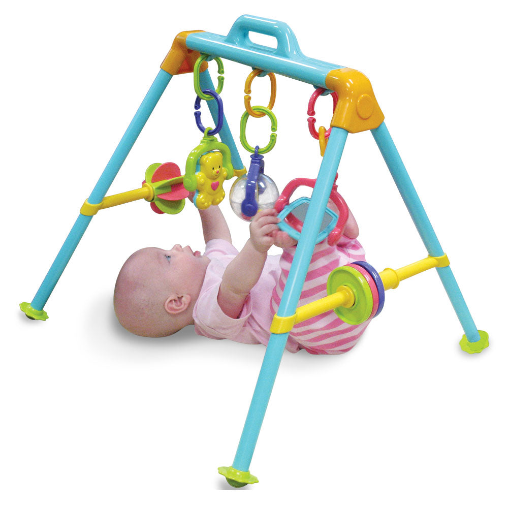 Durable Plastic Colorful Four Legged Activity Center for Babies with Interactive and Hanging Links including a Hanging Bear Rattle, a Rolling Ball and Large Mirror. Measures 22 x 22 x 20 and has Convenient Carry Handle.