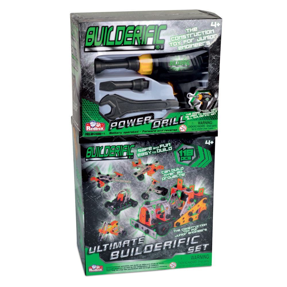 118 Piece Builderific Construction Set with interlocking Plastic Pieces including a Power Drill and Wrench Set by RedBox / Motormax. 