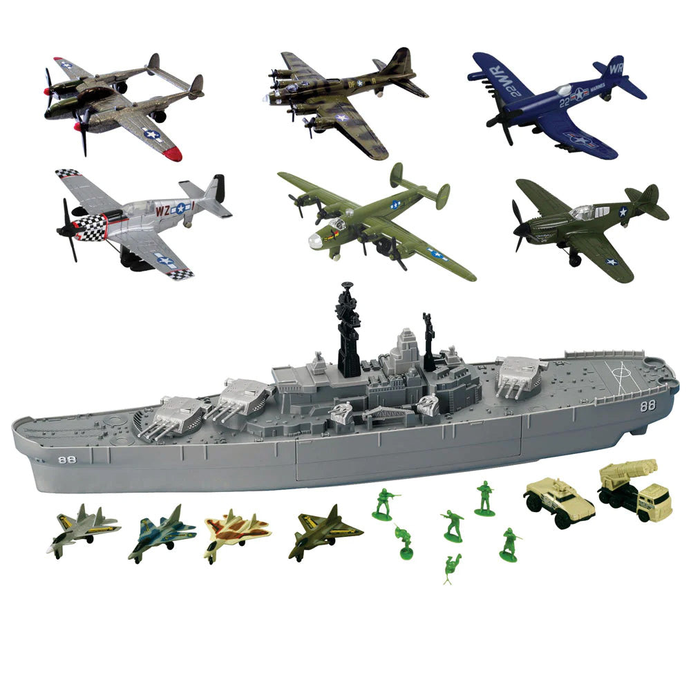This giant playset is centered around a large detailed toy battleship model made of durable plastic. The playset includes: 10 diecast metal airplanes, 2 diecast metal tanks and 6 plastic toy soldiers. Durable Plastic 10 InAir Diecast Metal Airplanes (6 WW2 Planes) 2 Diecast Metal Tanks 6 Plastic Toy Soldiers 27 Inches Long
