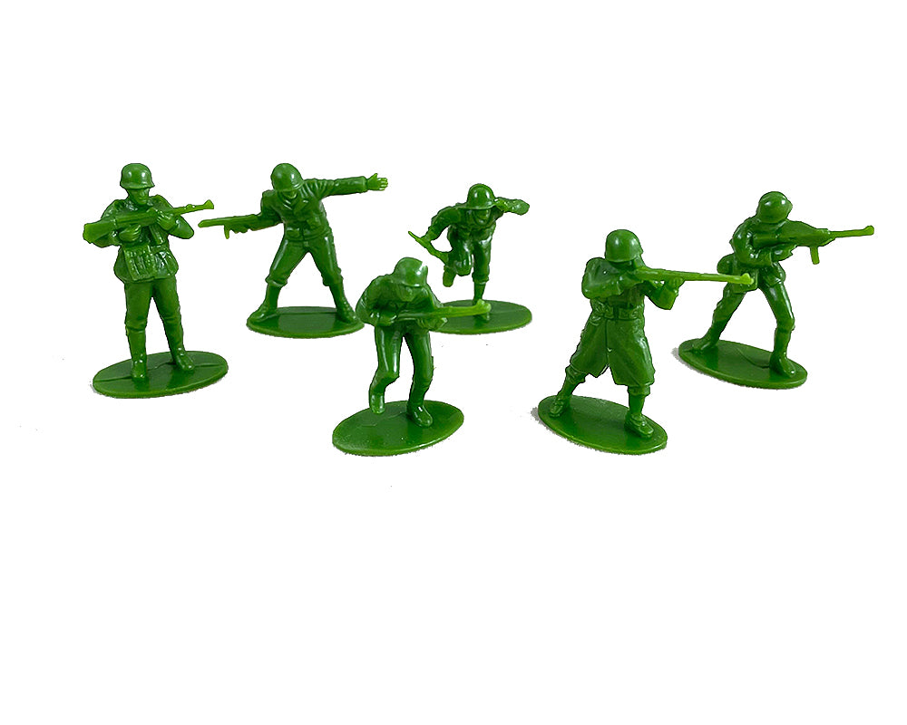 6 plastic green army soldiers that come with the 28 inch Durable Plastic Replica Toy Battleship Playset with 4 Die Cast Metal Airplanes, 6 Die Cast Modern Airplanes, 2 Die Cast Metal Tanks, 6 Plastic Toy Soldiers with Convenient Storage Compartment with InAir Diecast toy airplanes. Battle Zone RedBox / Motormax.