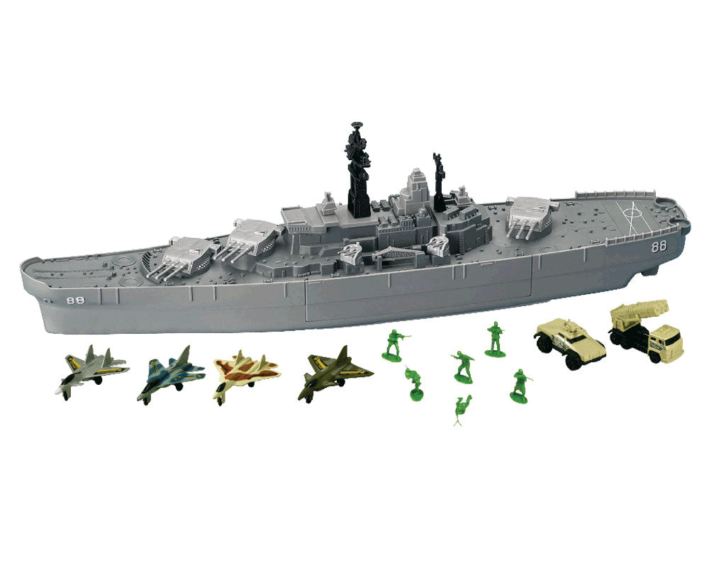 28 inch Durable Plastic Replica Toy Battleship Playset with 4 Die Cast Metal Airplanes, 6 Die Cast Modern Airplanes, 2 Die Cast Metal Tanks, 6 Plastic Toy Soldiers with Convenient Storage Compartment with InAir Diecast toy airplanes. Battle Zone RedBox / Motormax.