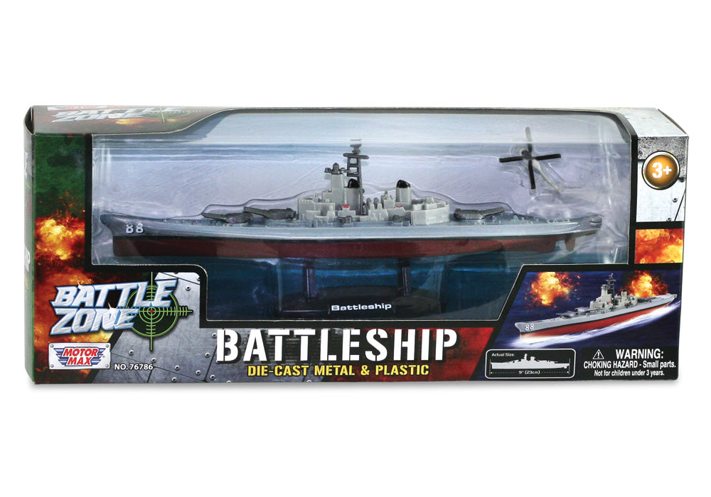 9 Inch Die Cast Metal Collectible Replica of a Battleship on a Display Stand that Moves on Hidden Wheels with 1 Die Cast Micro Helicopter in its Original Packaging by RedBox / Motormax.