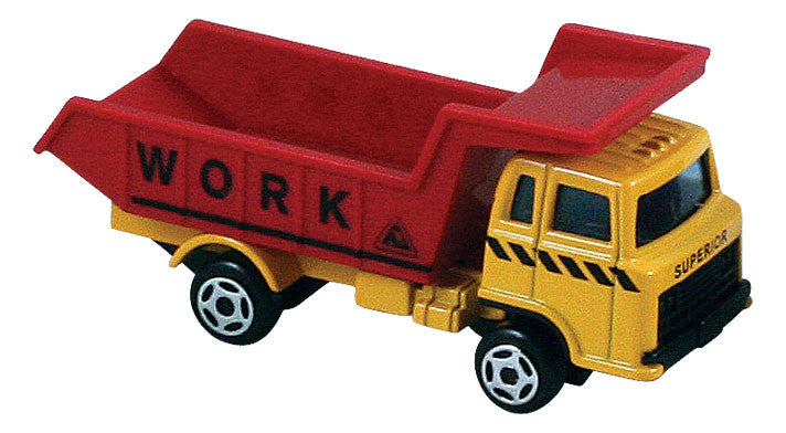 Small Die Cast Construction Vehicle, Dump Truck with Moving Parts measuring approximately 2.5 inches for Indoor or Outdoor Play.