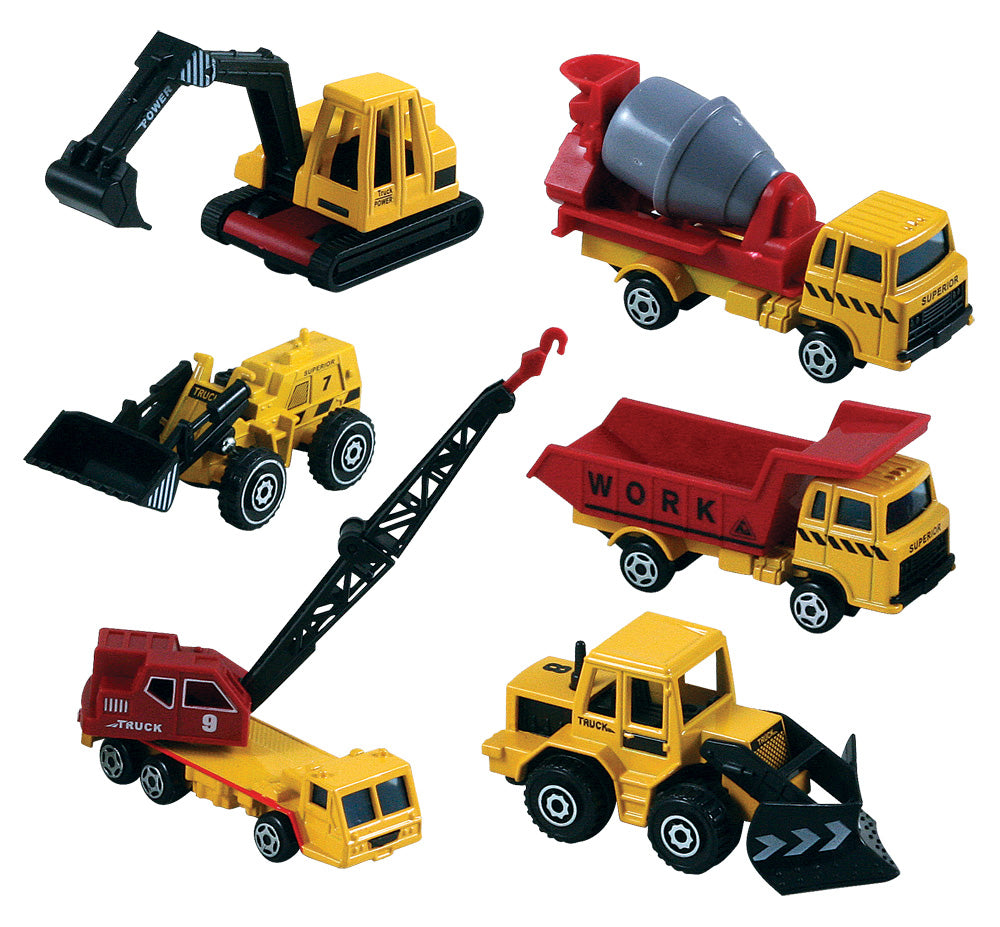 SET of 6 Small Die Cast Construction Vehicles: Dump Truck, Cement Mixer, Crane, Bulldozer, Power Shovel, and Front Loader with Moving Parts each measuring approximately 2.5 inches for Indoor or Outdoor Play.