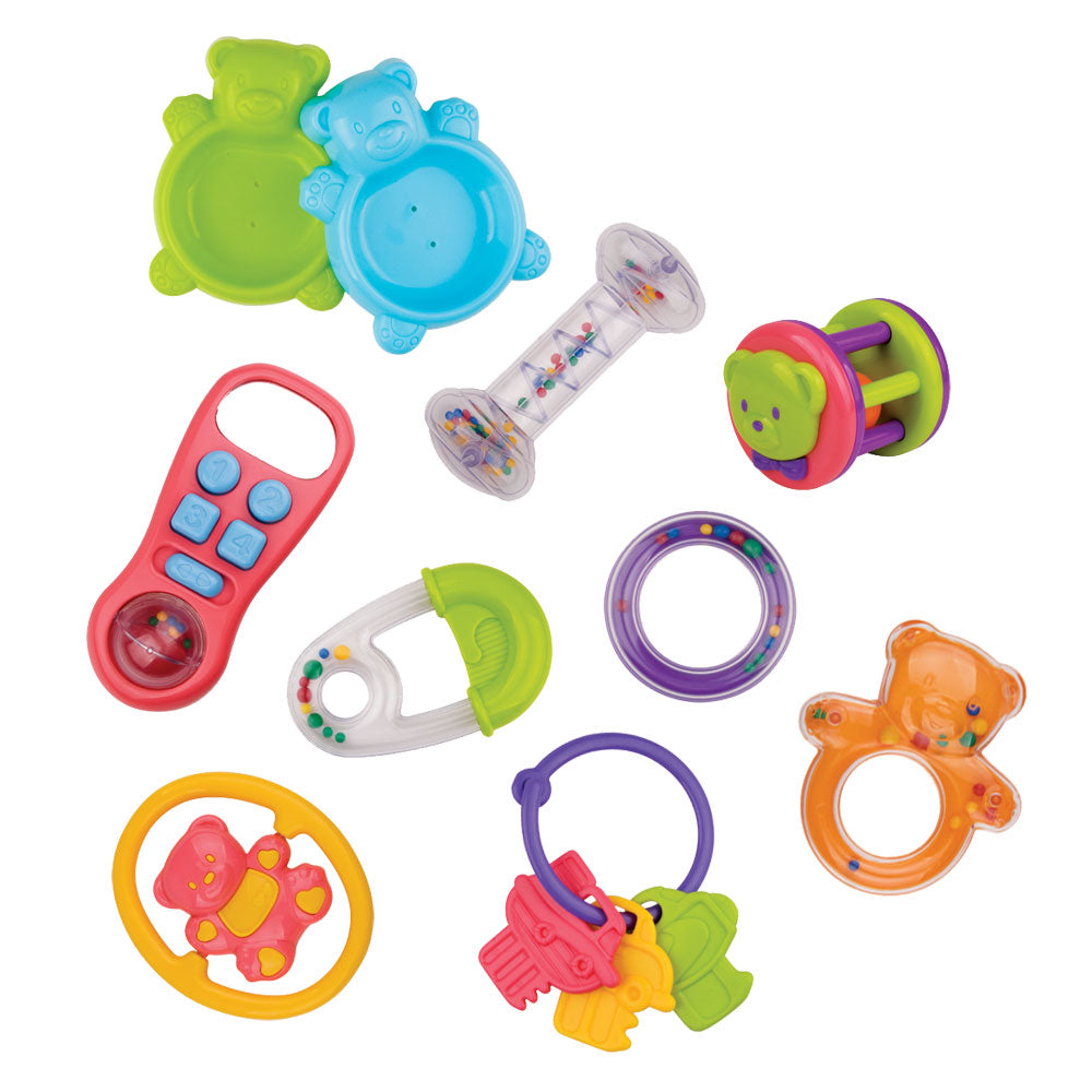 SET of 10 Colorful Durable Plastic Interactive Infant Development toys including Various Rattles, Pretend Phone, Plastic Key Ring and Much More!