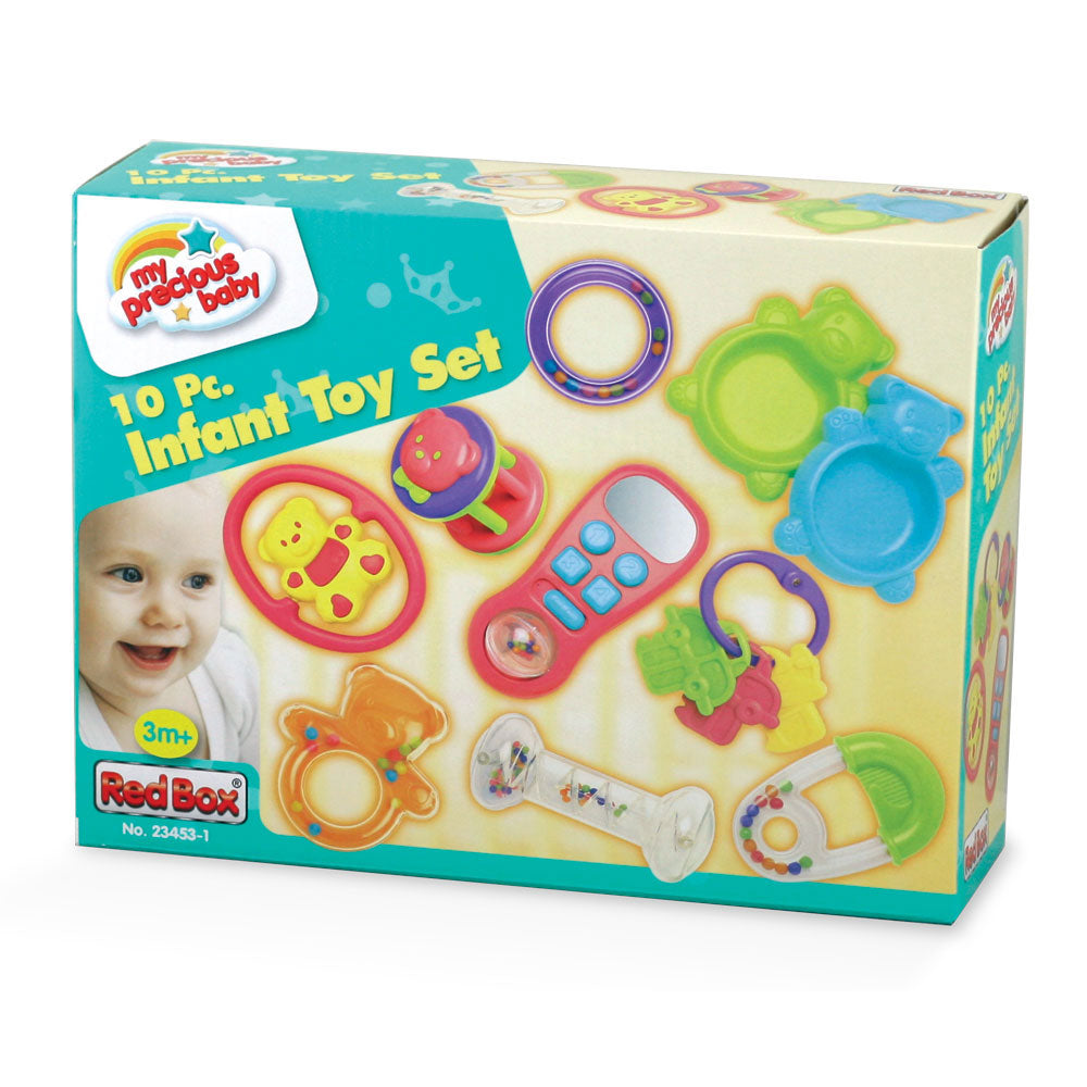 SET of 10 Colorful Durable Plastic Interactive Infant Development toys including Various Rattles, Pretend Phone, Plastic Key Ring and Much More in its Original Packaging by My Precious Baby.