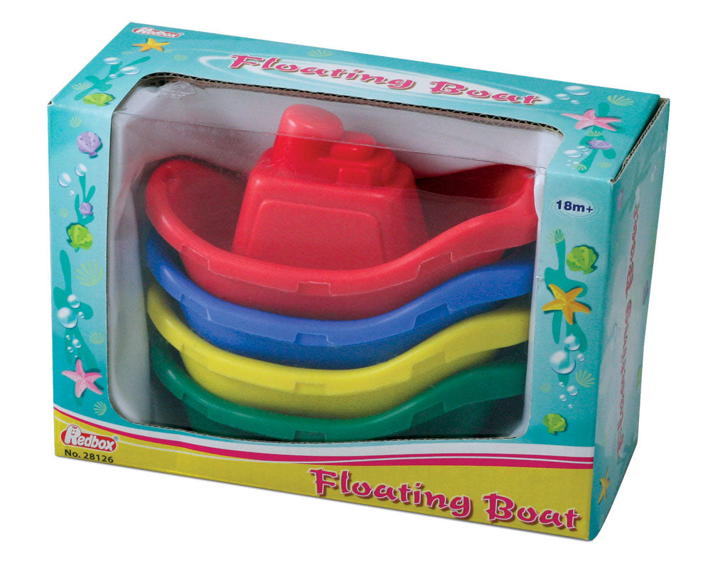Set of 4 Stackable Colorful Plastic Floating Boats perfect for fun in the Tub or Bath each measuring 4.5 Inches Long in its Original Packaging by RedBox / Motormax.
