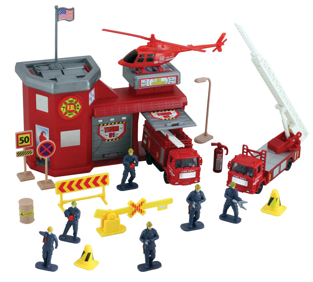 1:64 Scale Deluxe Fire Station Playset with two Garage Doors including a Fire Extinguisher, 6 Firefighters, 2 Fire Engines, an Emergency Helicopter, a US Flag, Accessories and More!