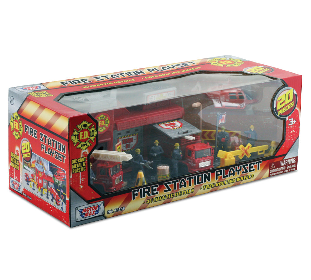 1:64 Scale Deluxe Fire Station Playset with two Garage Doors including a Fire Extinguisher, 6 Firefighters, 2 Fire Engines, an Emergency Helicopter, a US Flag, Accessories and More in its Original Packaging.