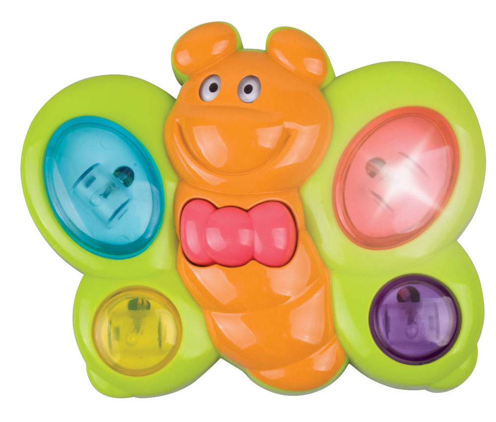 Bright Green and Orange Durable Plastic Battery Operated Butterfly that features 18 Different Tunes, Colorful Buttons, and Flashing Lights by My Precious Baby.