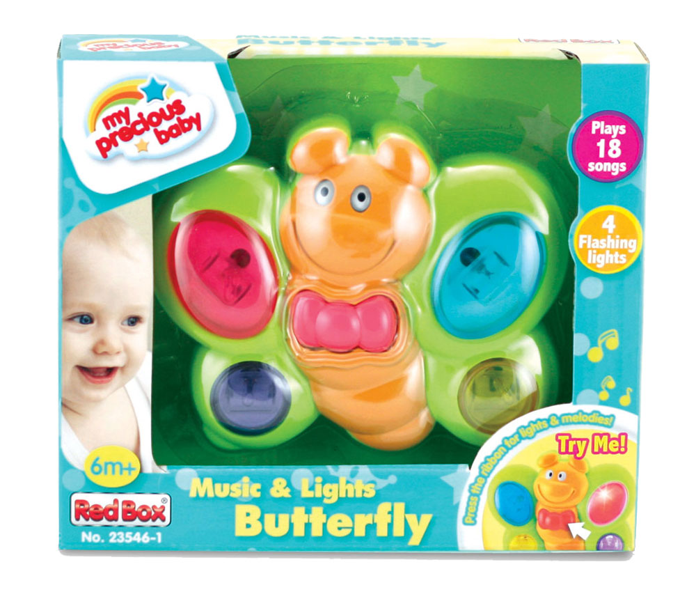 Bright Green and Orange Durable Plastic Battery Operated Butterfly that features 18 Different Tunes, Colorful Buttons, and Flashing Lights in its Original Packaging by My Precious Baby.