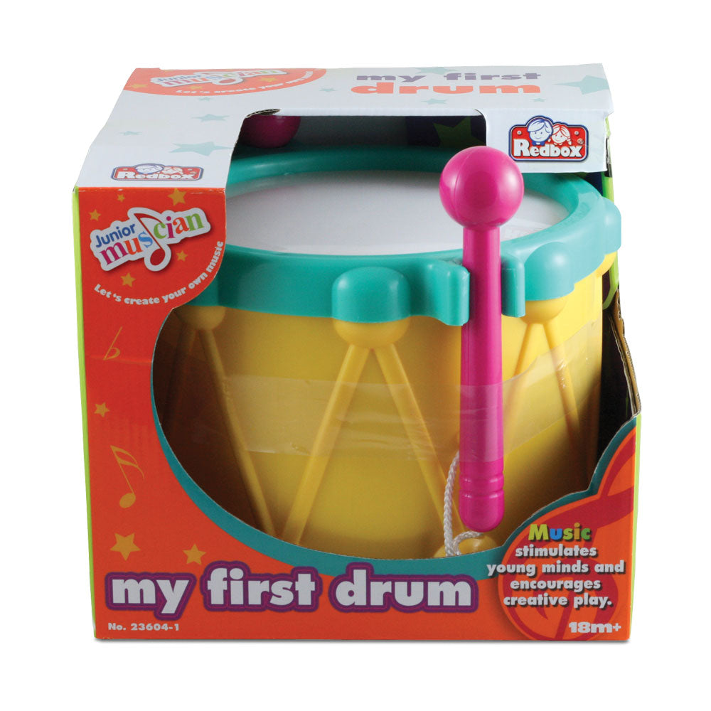 Durable Plastic Colorful Children’s Musical Instrument Percussion Drum with Drumsticks attached by String in its Original Packaging.