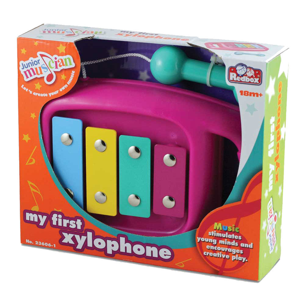 Durable Plastic Colorful Children’s Musical Instrument Xylophone with Attached Percussion Mallet in its Original Packaging.