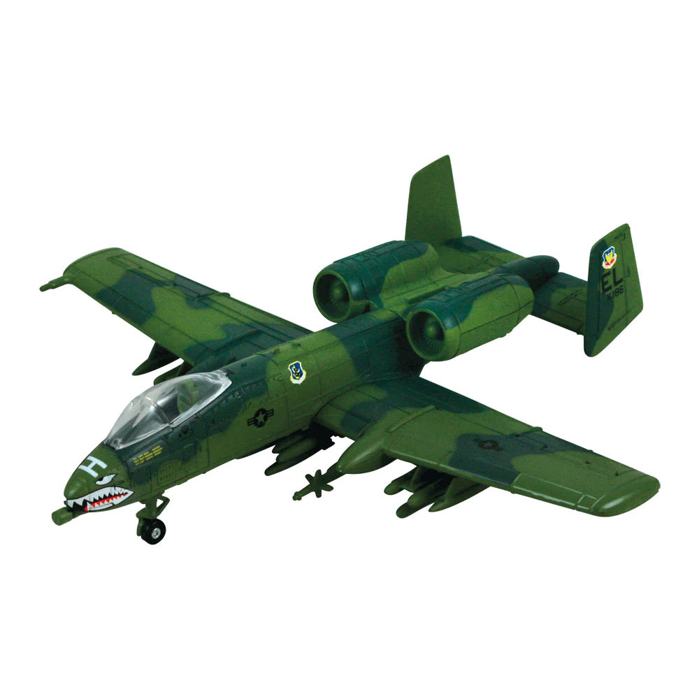 1:72 Scale Die Cast Metal Replica Model of a Camouflage Green Fairchild Republic A-10 Thunderbolt II Air Force Support Aircraft with Historically Accurate Markings, Display Stand and Educational Collectors Card.