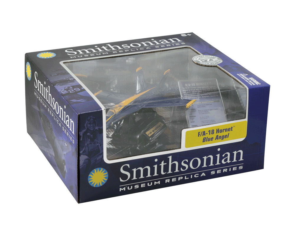 1:72 Scale Die Cast Metal Replica Model of a F/A-18 Hornet Blue Angels Fighter Aircraft with Historically Accurate Blue Angels Air Show Markings, Display Stand and Educational Collectors Card in its Original Packaging.
