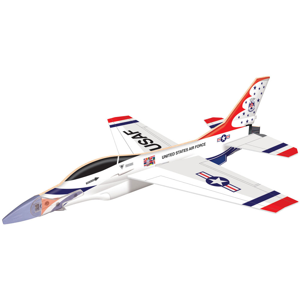 Smithsonian InAir F-16 Thunderbirds Glider is easy to assemble and expertly designed to fly long distances. These gliders help teach budding engineers and pilots the principle of flight. Catapult-powered long distance glider Simple, 5 minute build up time 11.5 inches long when built Officially licensed STEM toy