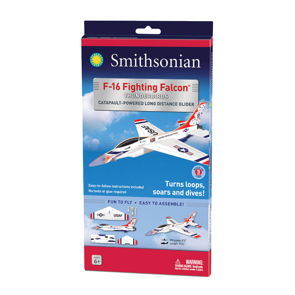 11.5 Inch Long Easy to Assemble Long Distance F-16 Fighting Falcon Thunderbirds Fighter Glider Aircraft with Realistic Details and Markings in its Original Packaging.