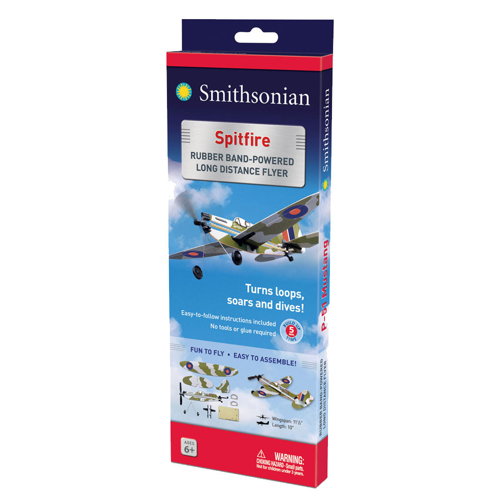 10 Inch Long Easy to Assemble Long Distance British Royal Air Force Camouflage Supermarine Spitfire World War II Aircraft with Rubber Band Powered Propeller and Realistic Details & Markings in its Original Packaging.