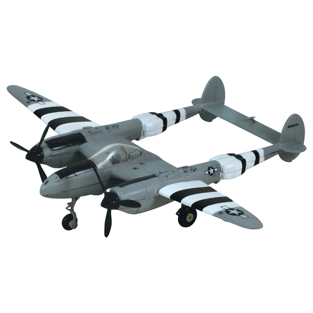 1:60 Scale Die Cast Metal Replica Model of a Lockheed P-38 Lightning “Fork Tailed Devil” World War II Fighter Aircraft with Historically Accurate Markings, Display Stand and Educational Collectors Card.