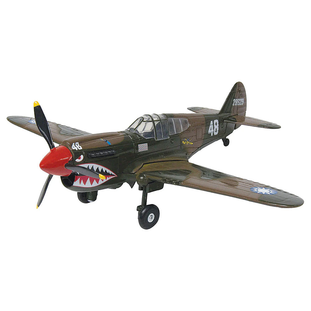 1:48 Scale Die Cast Metal Replica Model of a Curtiss P-40 Warhawk Kittyhawk World War II Fighter Aircraft with Historically Accurate Markings, Display Stand and Educational Collectors Card.