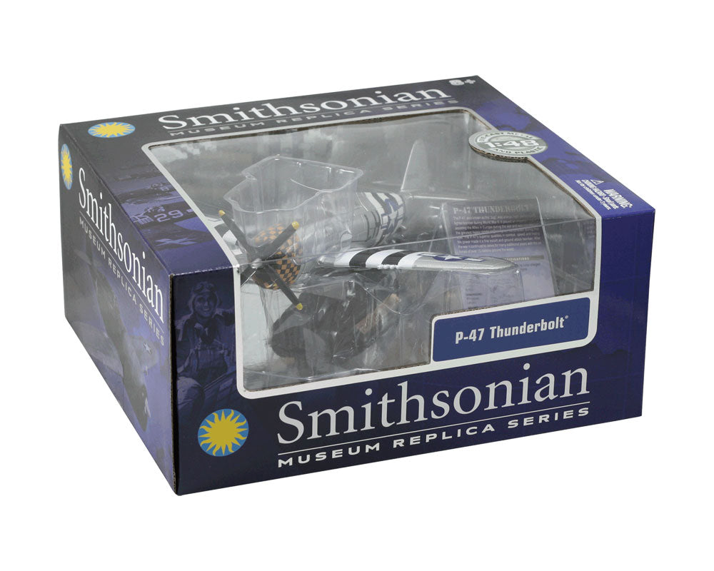 1:48 Scale Die Cast Metal Replica Model of a Republic P-47 Thunderbolt World War II Fighter Bomber Aircraft with Historically Accurate Markings, Display Stand and Educational Collectors Card in its Original Packaging.