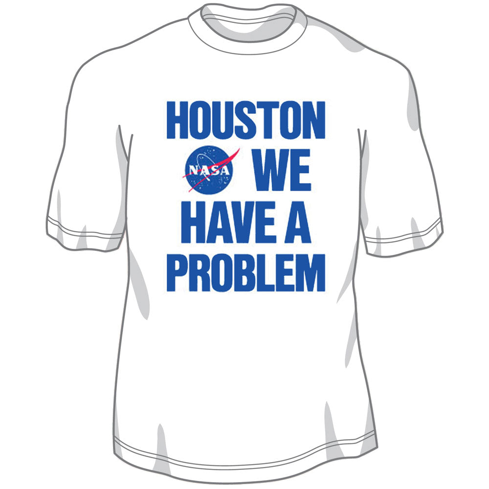 White Preshrunk 100% Cotton T-Shirt with Screen Printed NASA Logo and “Houston We Have a Problem” Quote by Astronaut John (Jack) Swigert on Apollo 13 Moon Mission on April 14, 1970.