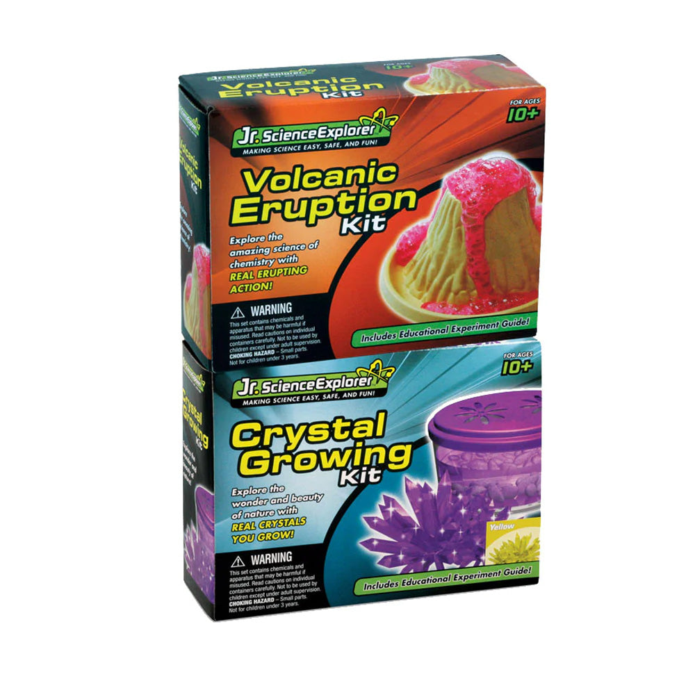 Jr. Science Explorer Volcanic Eruption Kit and Crystal Growing Kit in their Original Packaging.