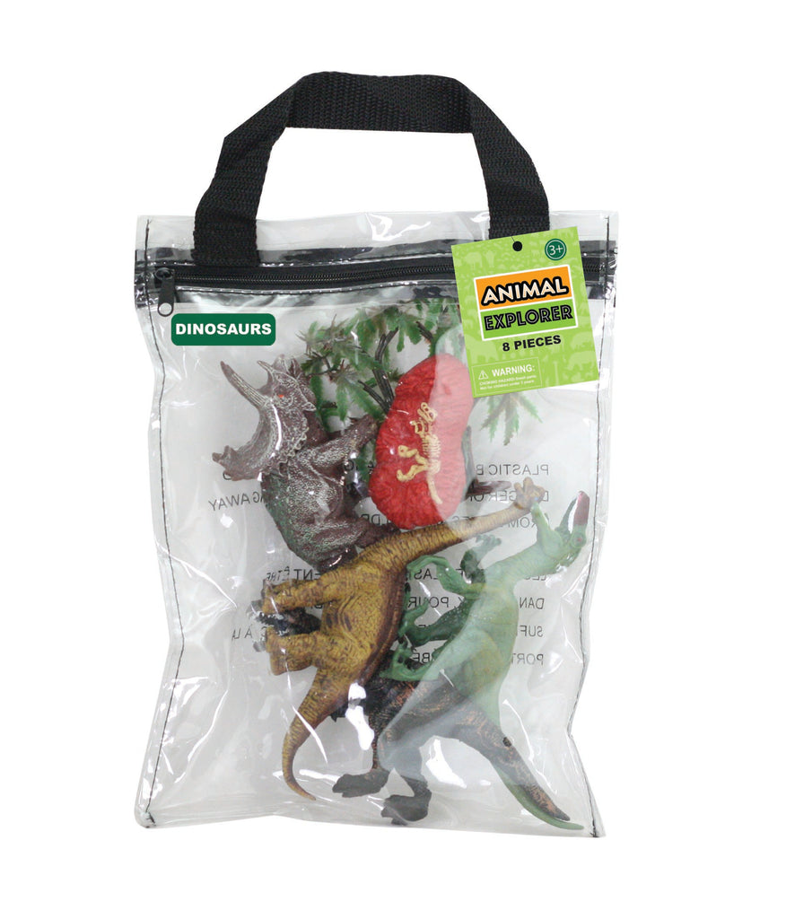 This collection of authentically detailed dinosaurs and accessories comes in an eco-friendly, reusable storage bag for fun imaginative play and easy clean up!  8 assorted plastic dinosaurs and accessories, 6" long, 2 Assorted Styles Sustainable toys
