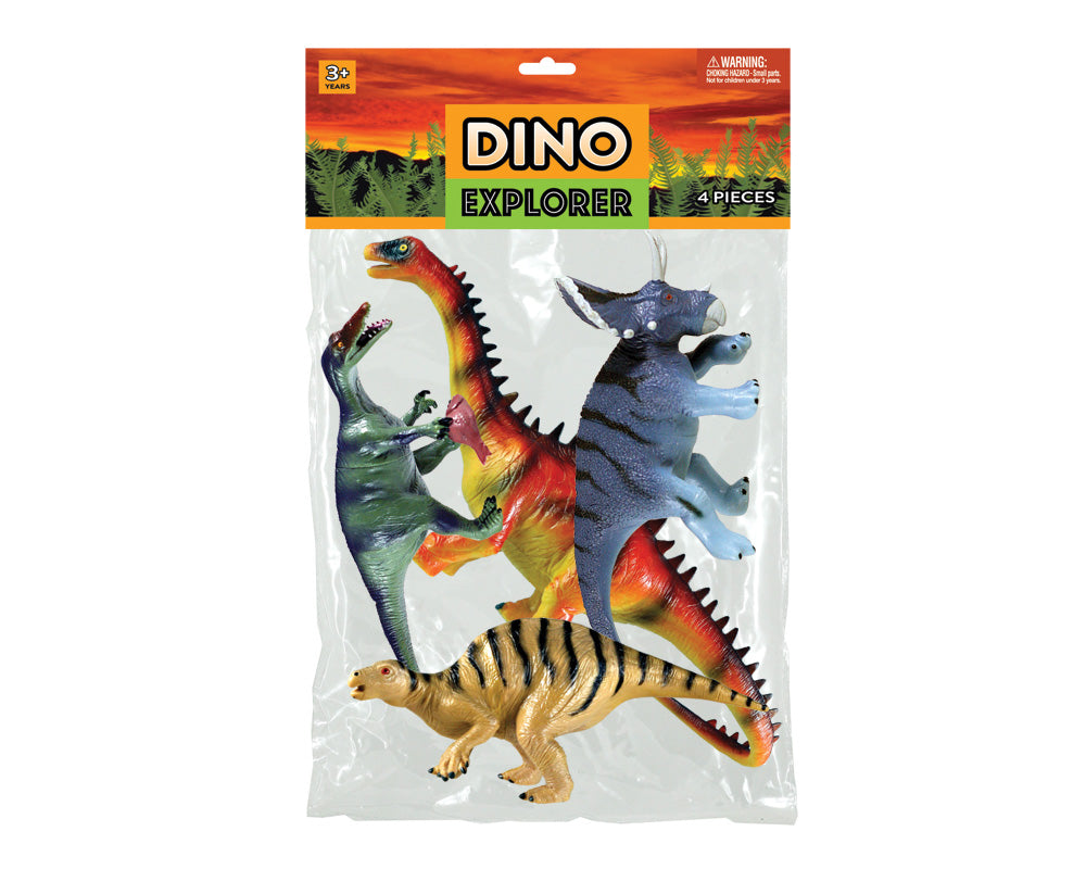Bagged SET of 4 Assorted Plastic Dinosaurs in its original packaging.