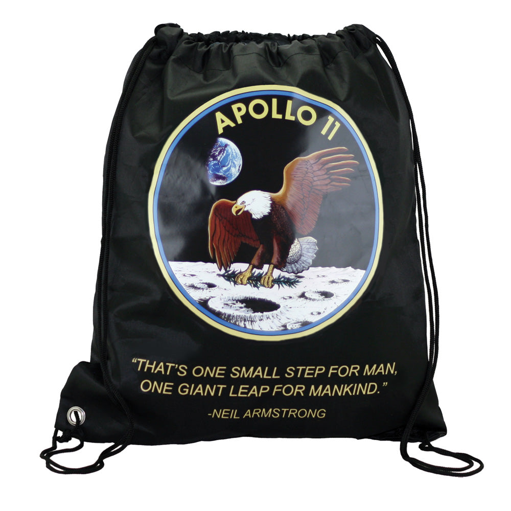 Black Adjustable Drawstring Backpack with Imprinted Apollo 11 Mission Insignia, Neil Armstrong Quote made from 100% Polyester and Braided Nylon Straps by InAir.