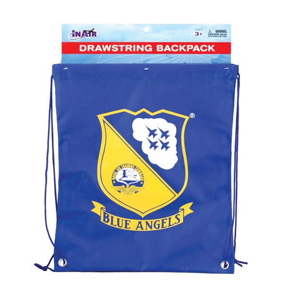 Blue Adjustable Drawstring Backpack with Imprinted Blue Angels Naval Air Training Command Logo made from 100% Polyester in its Original Packaging by InAir.