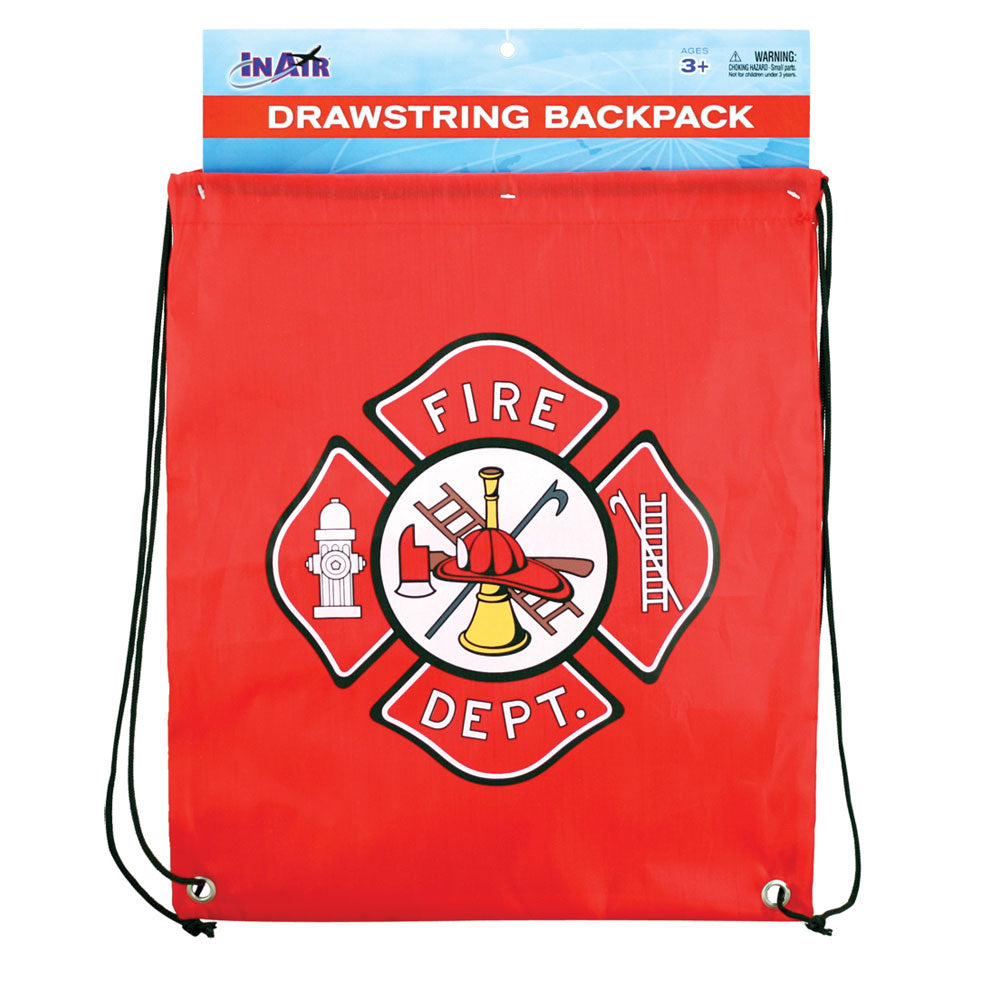 Red Adjustable Drawstring Backpack with Imprinted Fire Department Badge Insignia made from 100% Polyester in its Original Packaging by InAir.