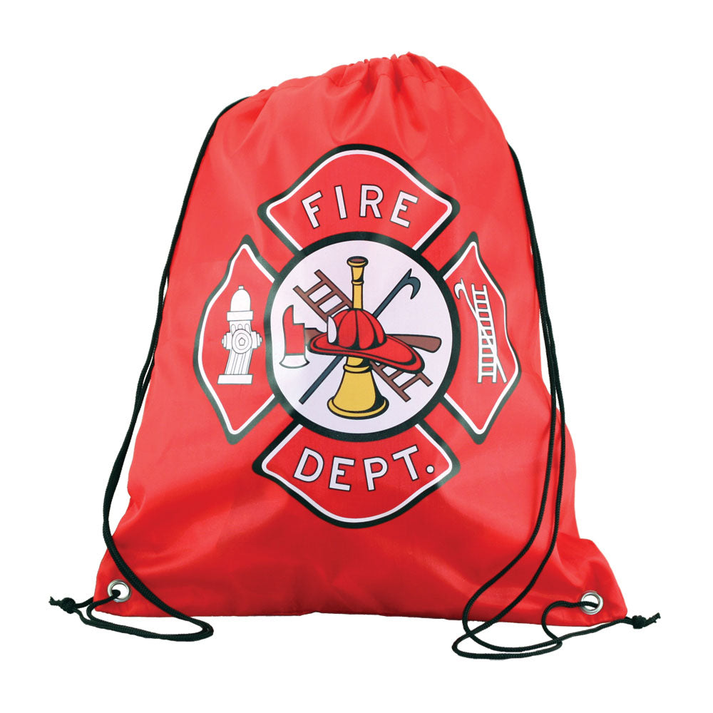 Red Adjustable Drawstring Backpack with Imprinted Fire Department Badge Insignia made from 100% Polyester by InAir.
