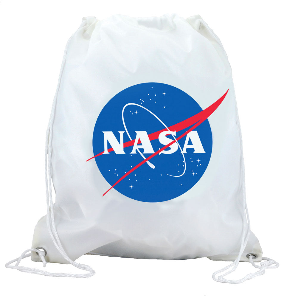 White Adjustable Drawstring Backpack with Imprinted NASA Logo Insignia made from 100% Polyester and Braided Nylon Straps by InAir.