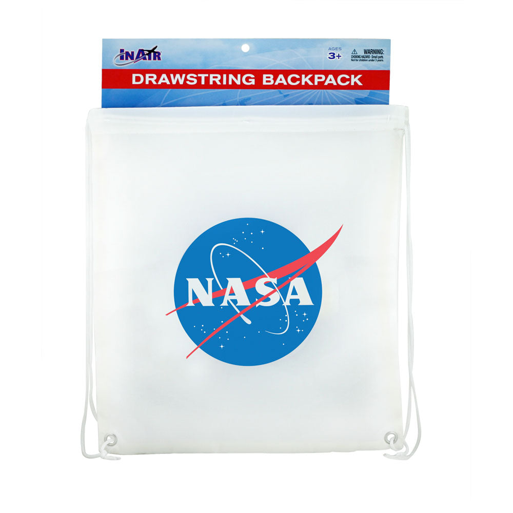 White Adjustable Drawstring Backpack with Imprinted NASA Logo Insignia made from 100% Polyester and Braided Nylon Straps in its Original Packaging by InAir.