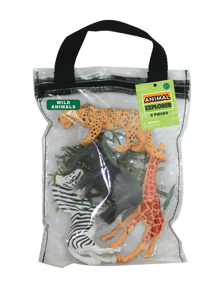This collection of authentically detailed wild animals and accessories comes in an eco-friendly, reusable storage bag for fun imaginative play and easy clean up!  8 assorted plastic wild animals and accessories, 6" long, 2 Assorted Styles Sustainable toys