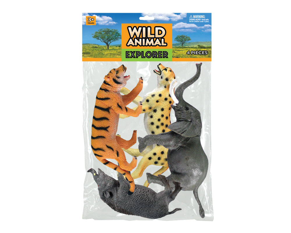 Bagged SET of 4 Assorted Plastic Wild Animals in its original packaging.