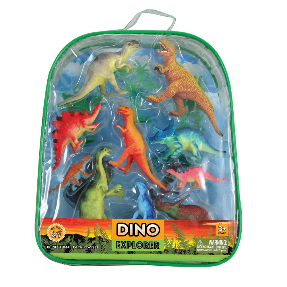 15-Piece Playset that comes in a Backpack Carry Case Featuring 10 Colorful Plastic Dinosaurs, Trees, Plant Life, Rocks and a 12 x 17 inch Playmat. WowToyz Dinosaur Explorer Backpack Playset toy.