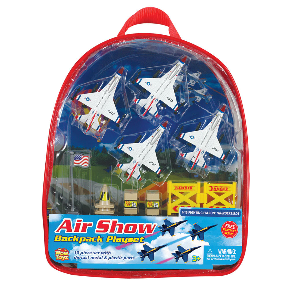 F-16 Fighting Falcon Thunderbirds toy jet airplanes. Kids can bring the air show home and reenact the aviation aerobatics of the F-16 Thunderbirds with this playset! Comes with high quality diecast metal airplanes, plastic accessories and realistic playmat. Set includes everything that’s needed for a fun fantasy playtime - toys store in reusable backpack! InAir officially licensed Lockheed jets RedBox / Motormax.