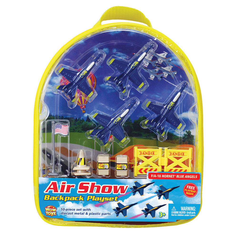 Kids can bring the air show home with this realistic F-18 Blue Angels backpack playset! Comes with high quality diecast metal airplane, plastic accessories and a realistic playmat. Set includes everything that’s needed for a fun fantasy playtime - toys store in backpack! Officially licensed Blue Angels toy airplanes. WowToyz backpack playset, InAir diecast metal toy airplanes RedBox / Motormax.