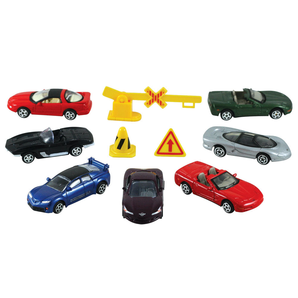 Officially Licensed 10-Piece 1:64 Scale Playset that comes in a Backpack Carry Case Featuring 7 Die Cast Metal GM (General Motors) Cars with Moving Parts, Plastic Accessories, and Realistic Playmat WowToyz Backpack Playset RedBox / Motormax.