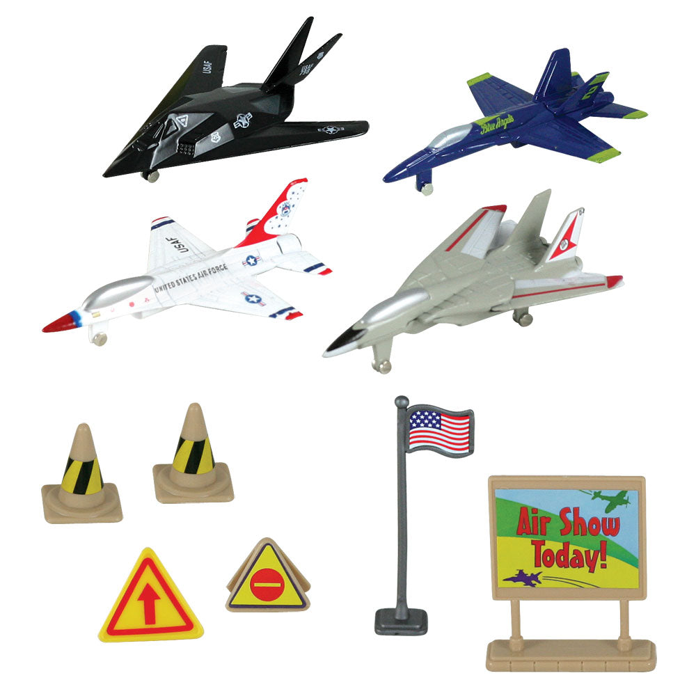 WowToyz Modern toy airplanes - 10-Piece 1:64 Scale Playset that comes in a Backpack Carry Case Featuring 4 Die Cast Metal Modern Stealth and Fighter Aircraft with Moving Parts, Plastic Accessories, and Realistic Playmat by RedBox / Motormax. F-117 Nighthawk, F/A-18 Hornet Blue Angels, F-16 Fighting Falcon Thunderbirds, and F-14 Swing Wings Tomcat.