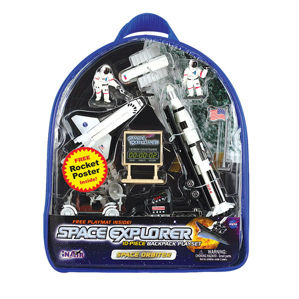 Young space enthusiasts will love this best selling Space Explorer backpack playset which features high quality diecast metal and plastic aircraft modeled after actual NASA designs! Set also features an educational 100 Years of Rocketry Poster. Reusable backpack for toy storage. WowToyz Backpack Playset with InAir diecast toy airplanes RedBox / Motormax.