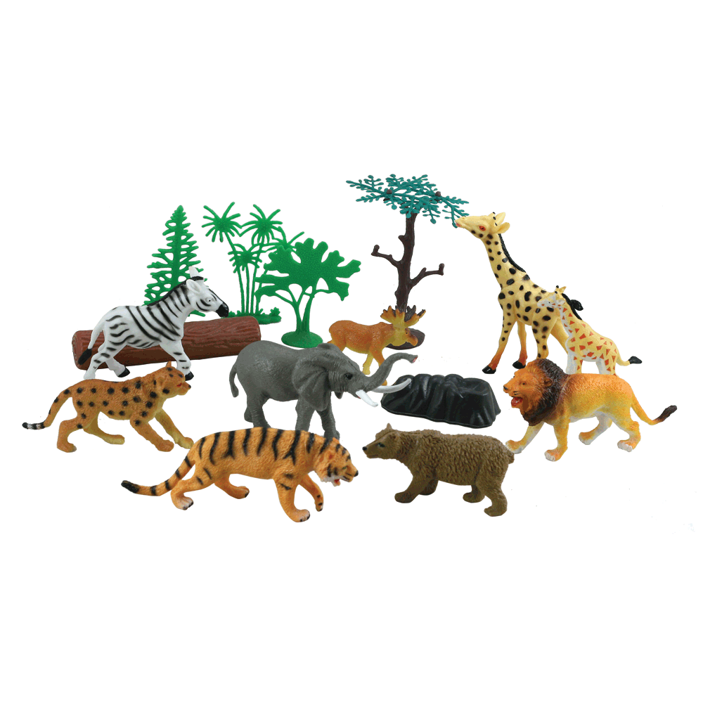 Explore the wonders of nature with our Animal Explorer Series! This collection includes highly realistic wild animal replicas that educate children about their world and lets their imagination grow. 15 plastic animals measure 2 - 5 inches long Includes full color playmat! Reusable backpack for toy storage Featuring 9 Colorful Plastic Wild Animals, Trees, Plant Life, Rocks and a 12 x 17 inch Playmat.