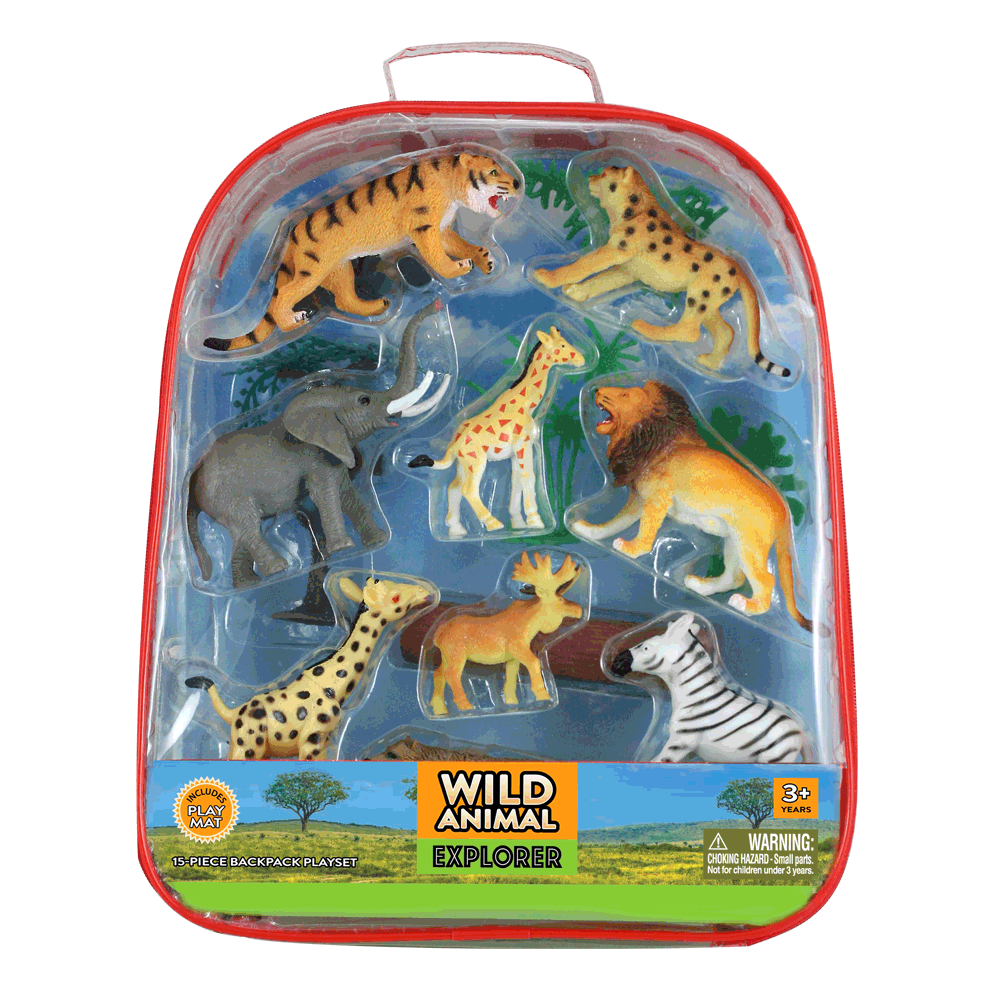 Explore the wonders of nature with our Animal Explorer Series! This collection includes highly realistic wild animal replicas that educate children about their world and lets their imagination grow. 15 plastic animals measure 2 - 5 inches long Includes full color playmat! Reusable backpack for toy storage Featuring 9 Colorful Plastic Wild Animals, Trees, Plant Life, Rocks and a 12 x 17 inch Playmat.