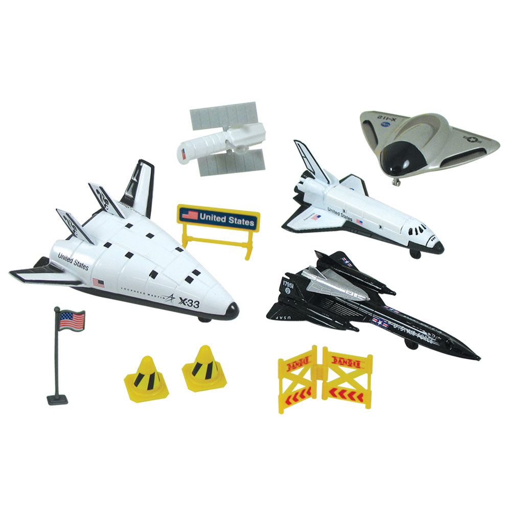 The allure of American X-planes come to life with this playset! It comes with four 4.5 inch diecast metal toy airplanes and spacecraft as well as plastic accessories. Set also features a realistic playmat with space facts on the back and includes our educational 100 Years of Rocketry Poster. Deluxe 10 piece set. Reusable backpack for toy storage. WowToyz Backpack Playset with InAir toy airplanes RedBox / Motormax.
