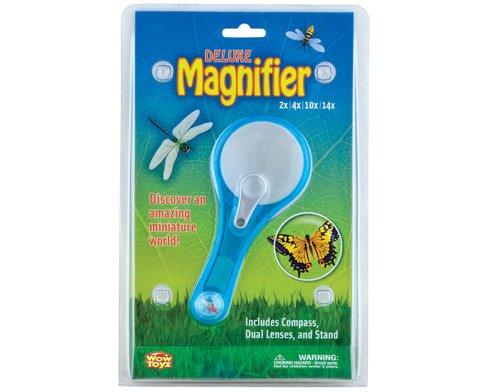 Children’s Durable Hard Plastic Magnifying Glass with up to 14X Magnification, a Compass, and Built-In Stand for Hands-Free Specimen Study in its Original Packaging by Eastcolight.