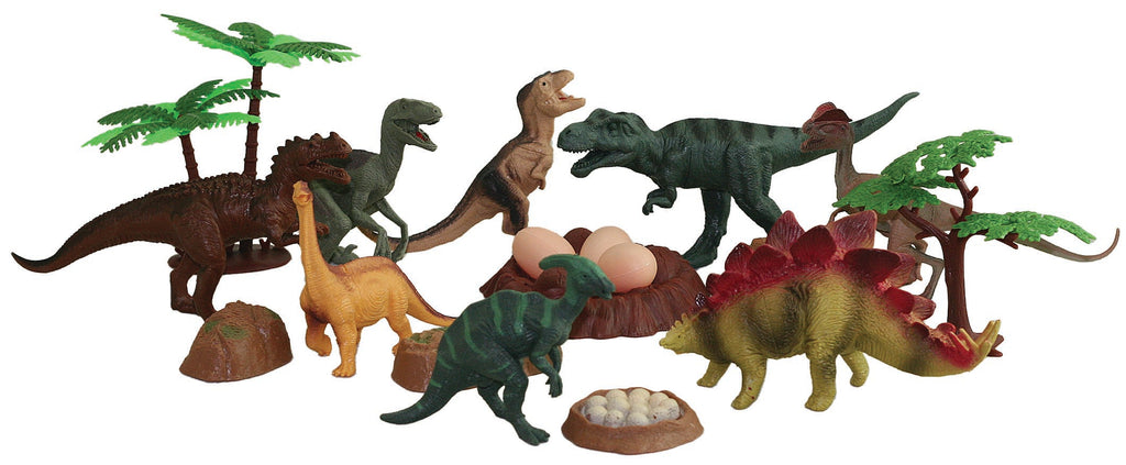 This giant deluxe collection of realistic dinosaurs and accessories comes in an eco-friendly, reusable bucket for hours of imaginative play and convenient storage! Bucket lid featurse a twist locking mechanism to keep the pieces in place for travel or storage.  25 assorted plastic dinosaurs and accessories, 3” - 5” long Sustainable toys