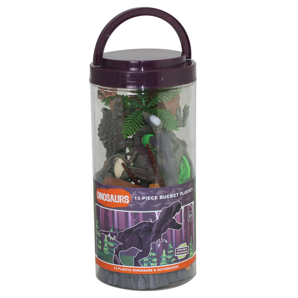 This collection of authentically detailed dinosaurs and accessories comes in an eco-friendly, reusable bucket for hours of imaginative play and convenient storage! Bucket lids feature a twist locking mechanism to keep the pieces in place for travel or storage.  15 assorted plastic dinosaurs and accessories, 3” - 5” long Sustainable toys